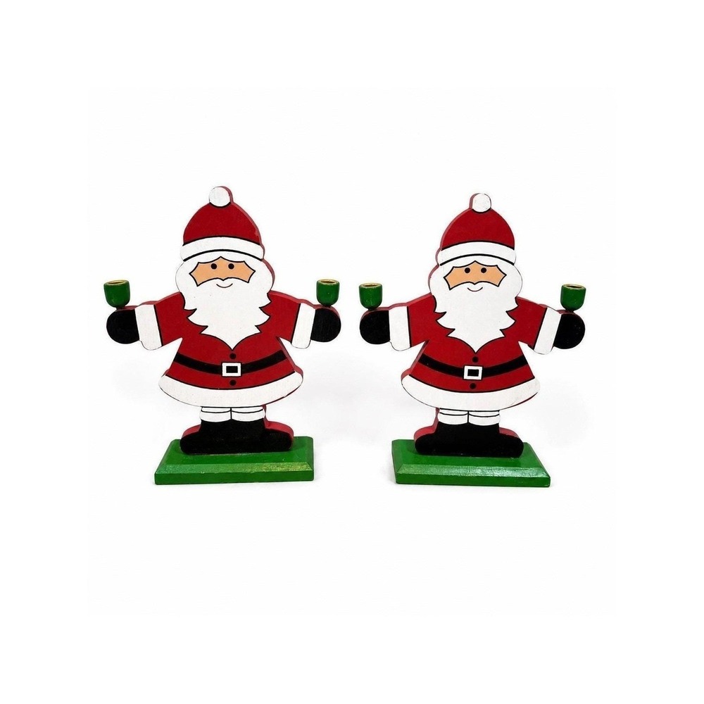 2 Vintage Omnibus Santa Figurines Christmas Tabletop Centerpiece CandleHolder 9"